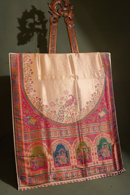 Waah Banaras 125 Golden Brocade Silk Saree with Meenakari Peacock &amp; Royal Arch Motifs