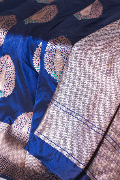 "VIRASAT 03A" Banarasi Royal Blue Pure Handloom Katan Silk Saree Featuring All Over Meenakari Buta Motifs (Celebrity Edition)