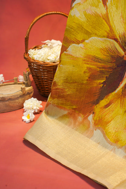 "Utsav Banaras 187" Banarasi Tussar Silk Saree in Golden Base With Yellow Floral Motif