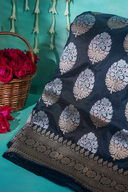 VIRASAT 202B: Pure Black Pure Handloom Katan Silk Kadwa Meenakari Banarasi Saree | Silk Mark Certified