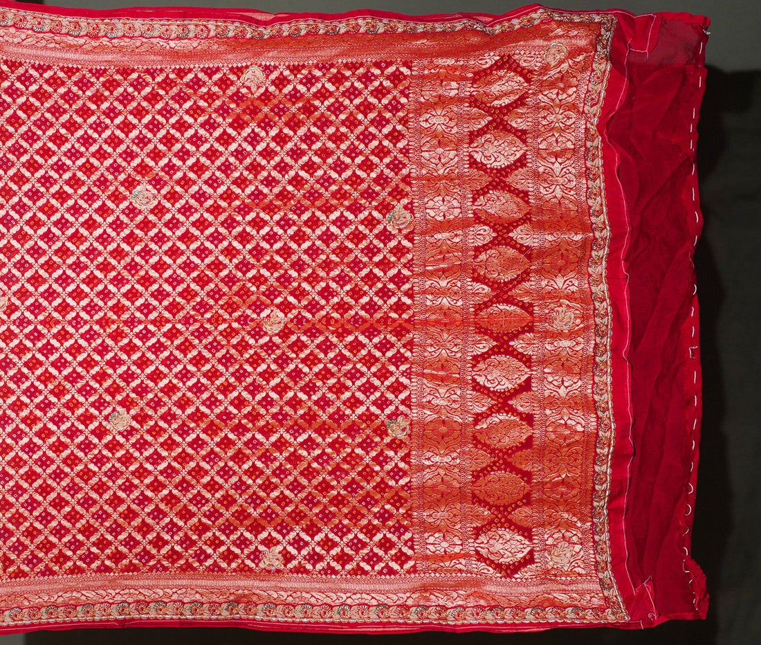ODHANA 011: Classic Red Handcrafted Bandhani Pure Khaddi Georgette Odhana with Zari Border