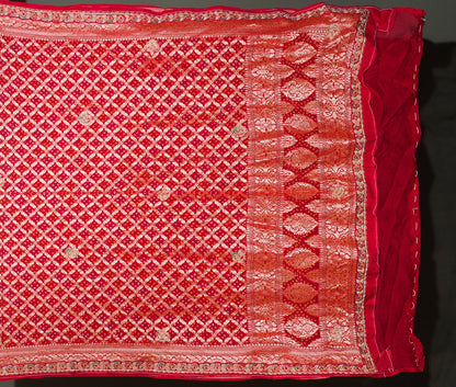 ODHANA 011: Classic Red Handcrafted Bandhani Pure Khaddi Georgette Odhana with Zari Border