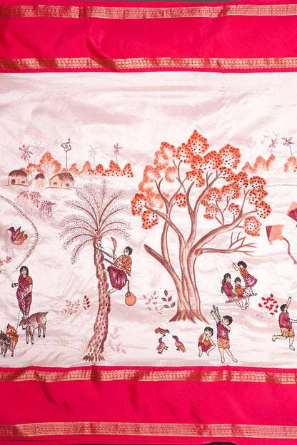 FOUNDER CHOICE 052: Off White Elegant Pure Silk Saree with Hand Painted Kalamkari Hastakala Artistry &amp; Gold Zari Skirt Border