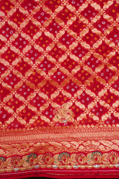 ODHANA 011: Classic Red Handcrafted Bandhani Pure Khaddi Georgette Odhana with Zari Border