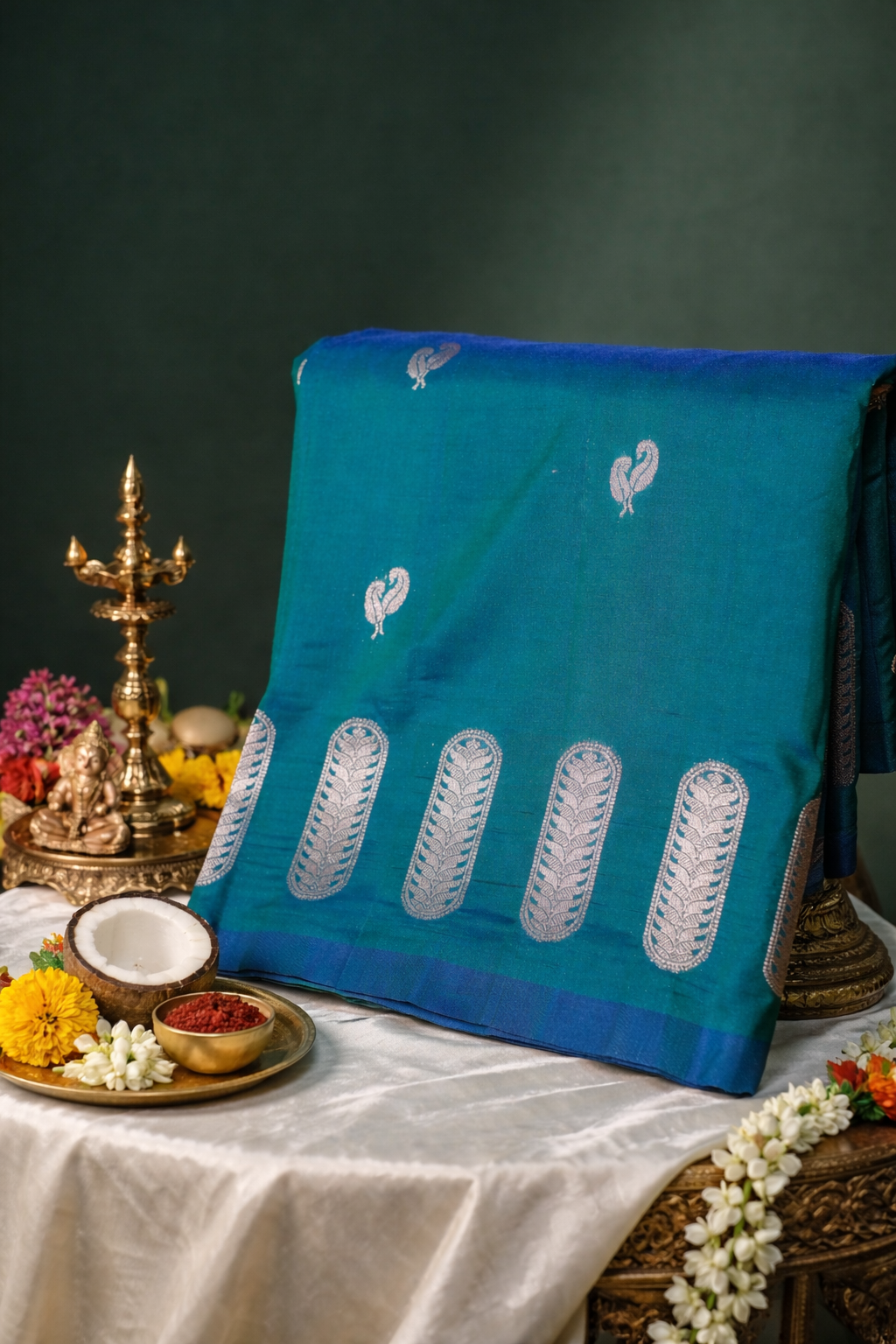 UTSAV BANARAS 328:Teal Green Dual Shade Banarasi Raw Silk Saree with Small Zari Buti, Zari Pallu &amp; Artistic Border