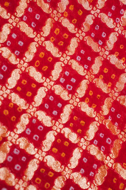ODHANA 011: Classic Red Handcrafted Bandhani Pure Khaddi Georgette Odhana with Zari Border