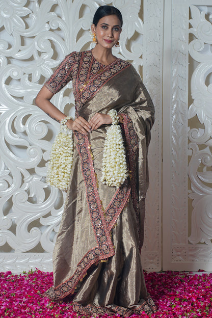 Grey Banarasi Silk Saree with embroidery