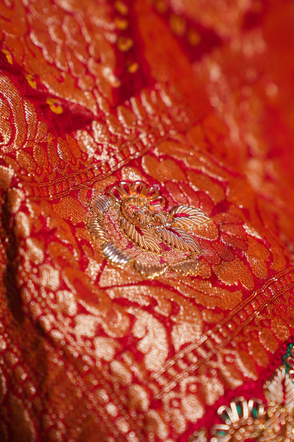ODHANA 011: Classic Red Handcrafted Bandhani Pure Khaddi Georgette Odhana with Zari Border