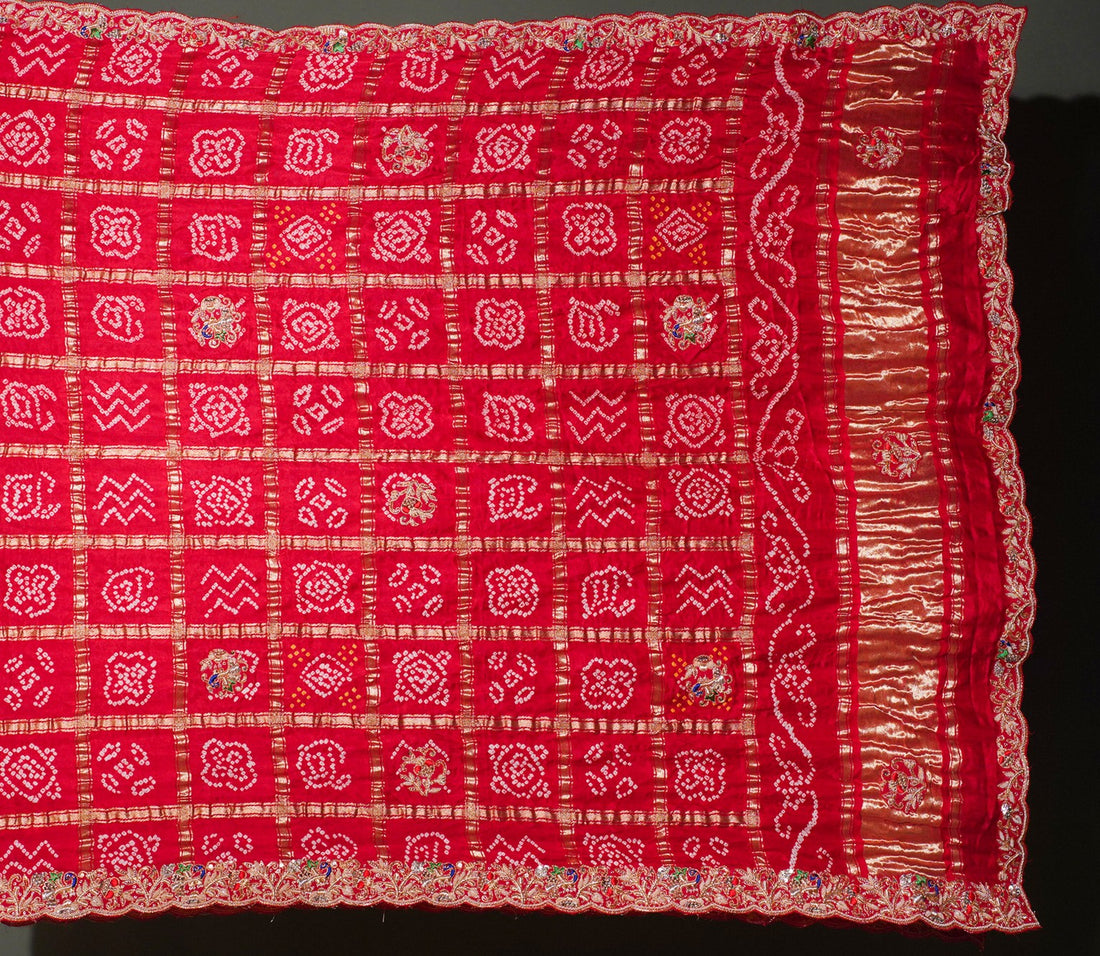 ODHANA 012: Shiny Red Pure Gajji Silk Gharchola Odhana with Handworked Scallop Zari Border