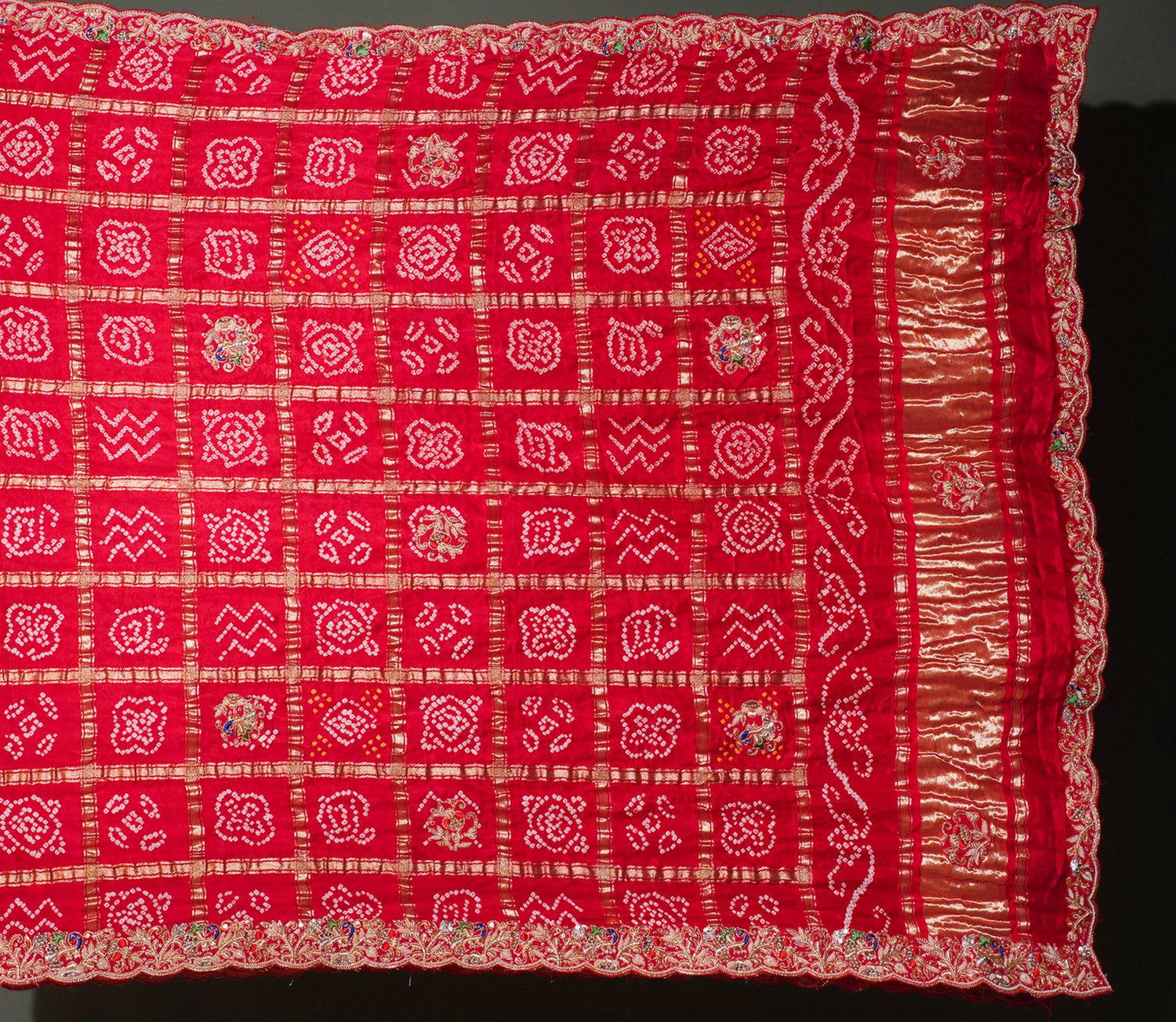 ODHANA 012: Shiny Red Pure Gajji Silk Gharchola Odhana with Handworked Scallop Zari Border