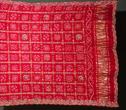 ODHANA 012: Shiny Red Pure Gajji Silk Gharchola Odhana with Handworked Scallop Zari Border