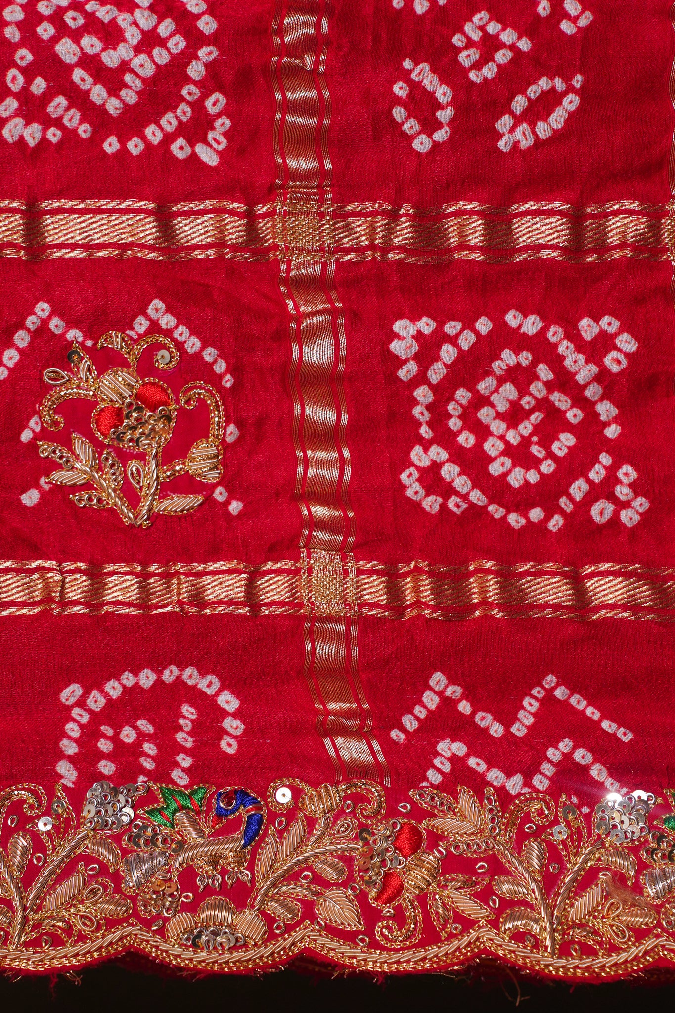 ODHANA 012: Shiny Red Pure Gajji Silk Gharchola Odhana with Handworked Scallop Zari Border