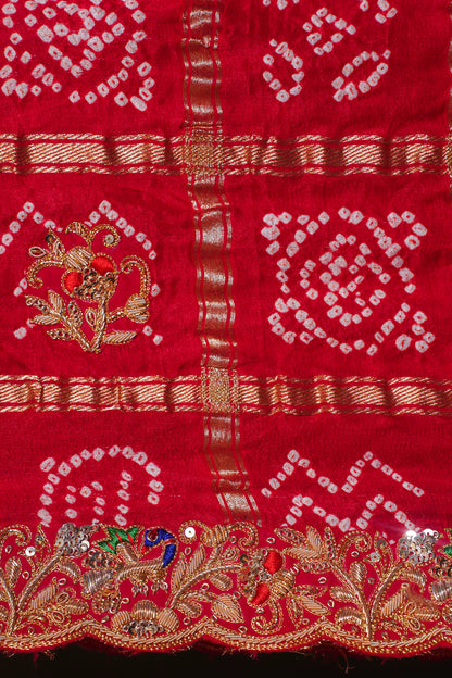 ODHANA 012: Shiny Red Pure Gajji Silk Gharchola Odhana with Handworked Scallop Zari Border