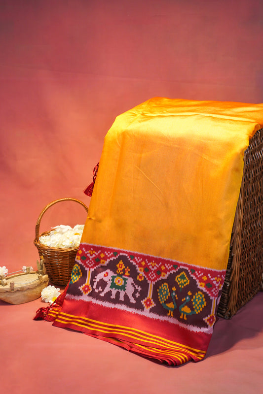 "Utsav Banaras 190" Banarasi Mustard Yellow Patola Silk Saree With Elephant & Peacock Motif