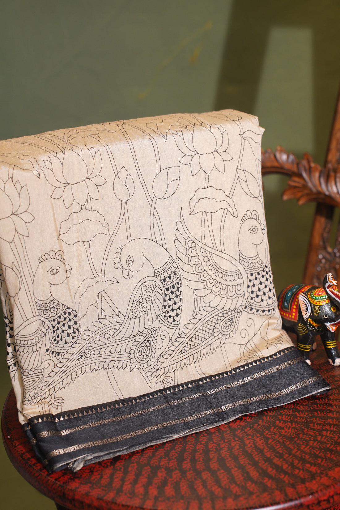 Utsav banaras 366 Cream Soft Silk Kalamkari Print Saree with Contrast Zari Palla &amp; Border