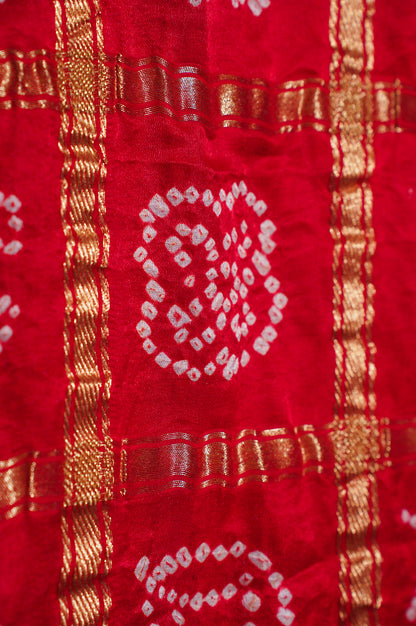 ODHANA 012: Shiny Red Pure Gajji Silk Gharchola Odhana with Handworked Scallop Zari Border