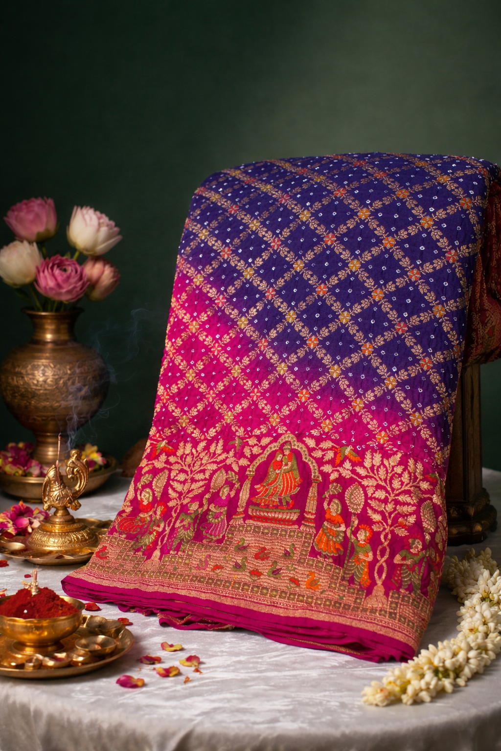 VIRASAT 346: Elegant shade of Navy &amp; Rani Pure Banarasi Georgette Silk Bandhani Saree With Meenakari Work on Border