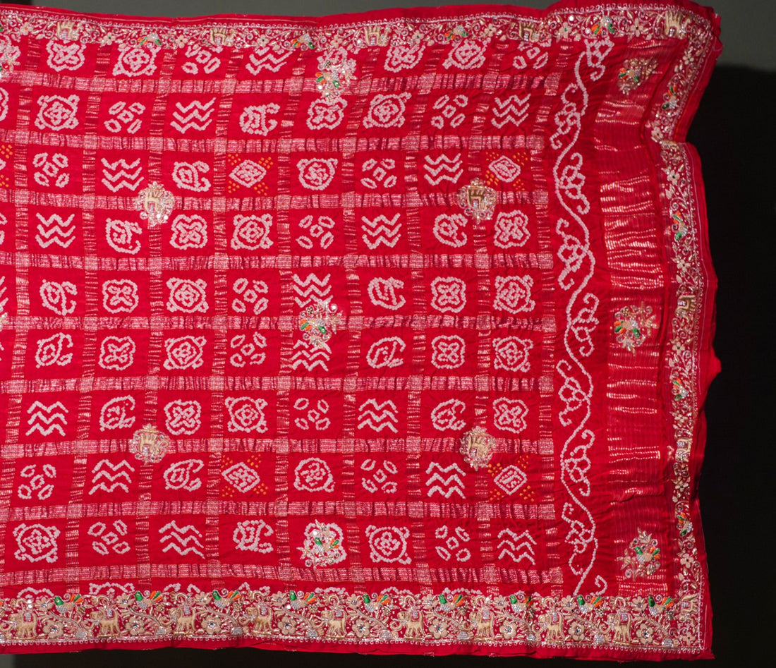 ODHANA 014: Vibrant Red Pure Gajji Silk Gharchola Odhana with Handworked Scallop Zari Border