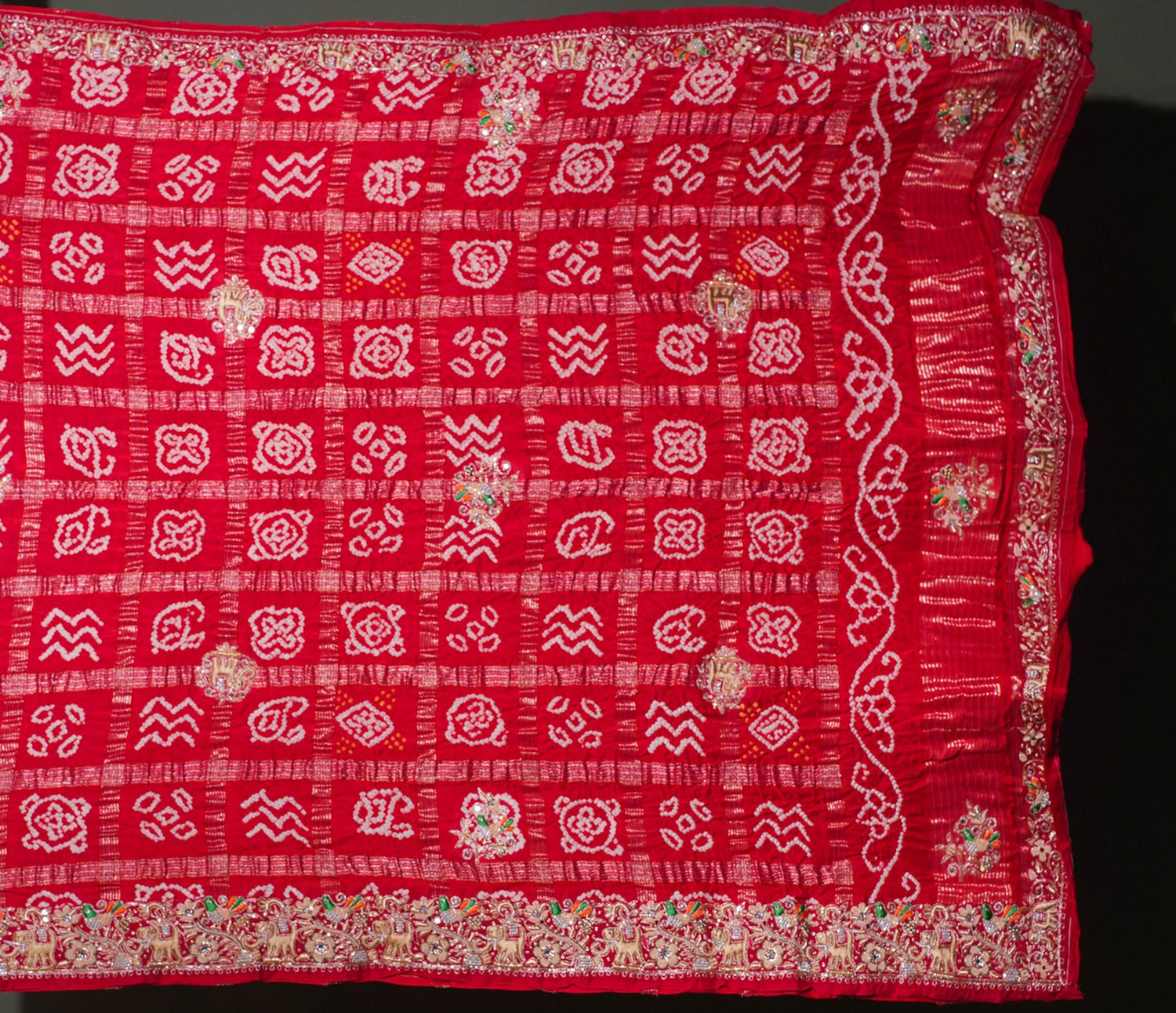 ODHANA 013: Rich Red Pure Gajji Silk Gharchola Odhana with Handworked Zari Border