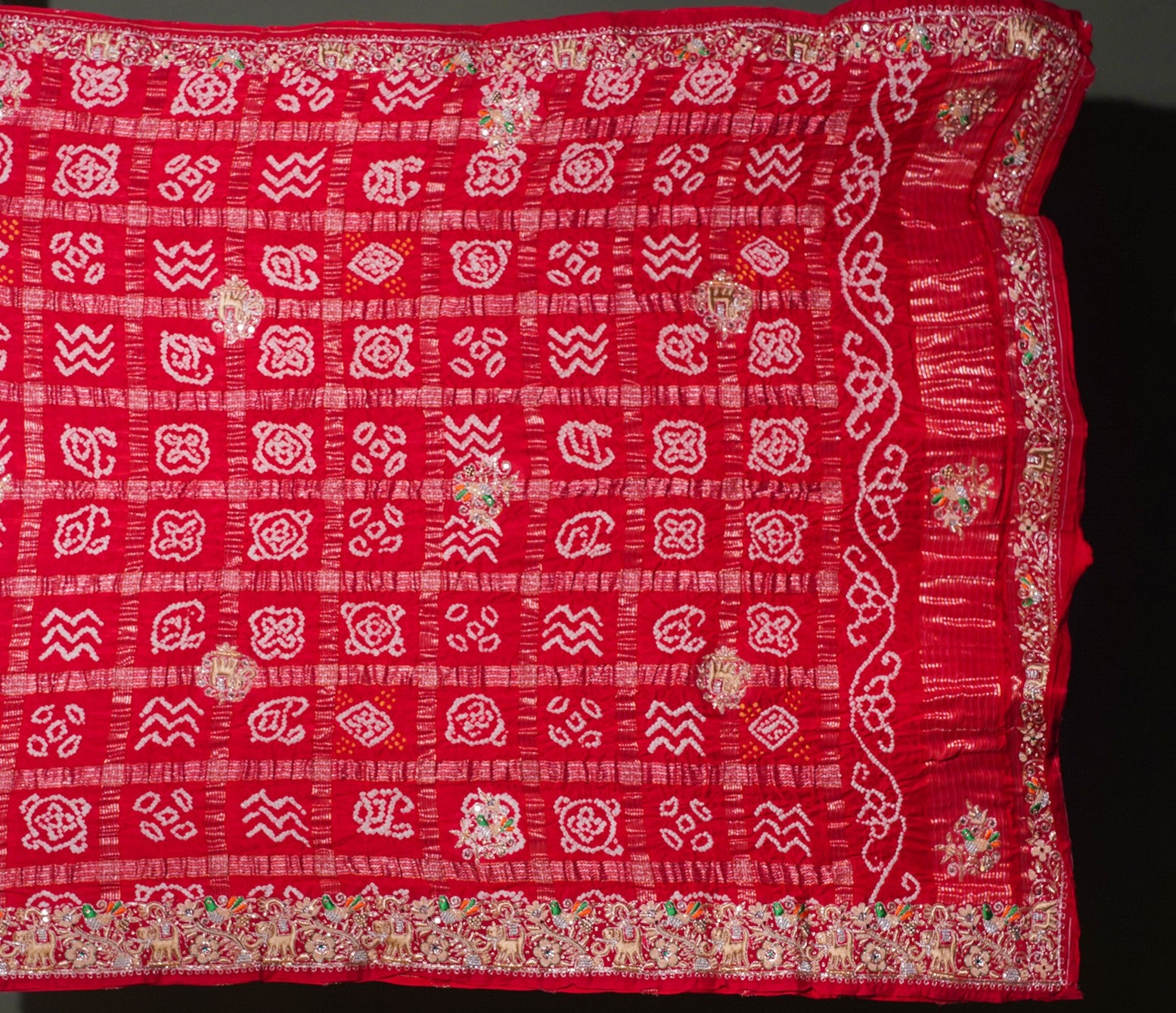 ODHANA 013: Rich Red Pure Gajji Silk Gharchola Odhana with Handworked Zari Border