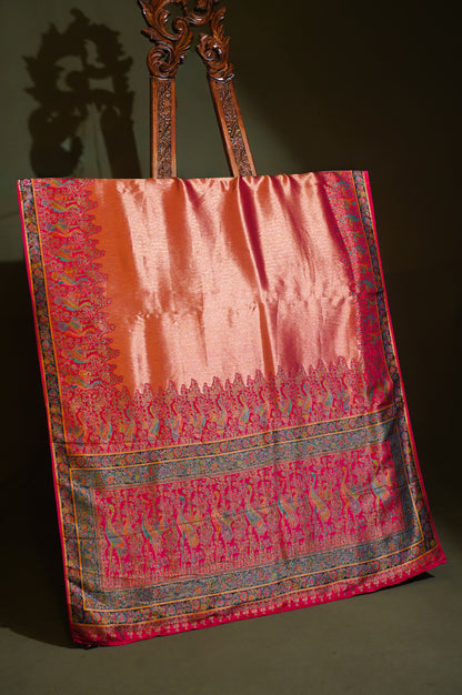 Waah Banaras 122 Gajri Peach Banarasi Brocade Silk Saree with Meenakari Peacock Border