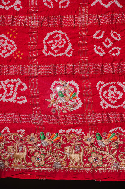 ODHANA 014: Vibrant Red Pure Gajji Silk Gharchola Odhana with Handworked Scallop Zari Border