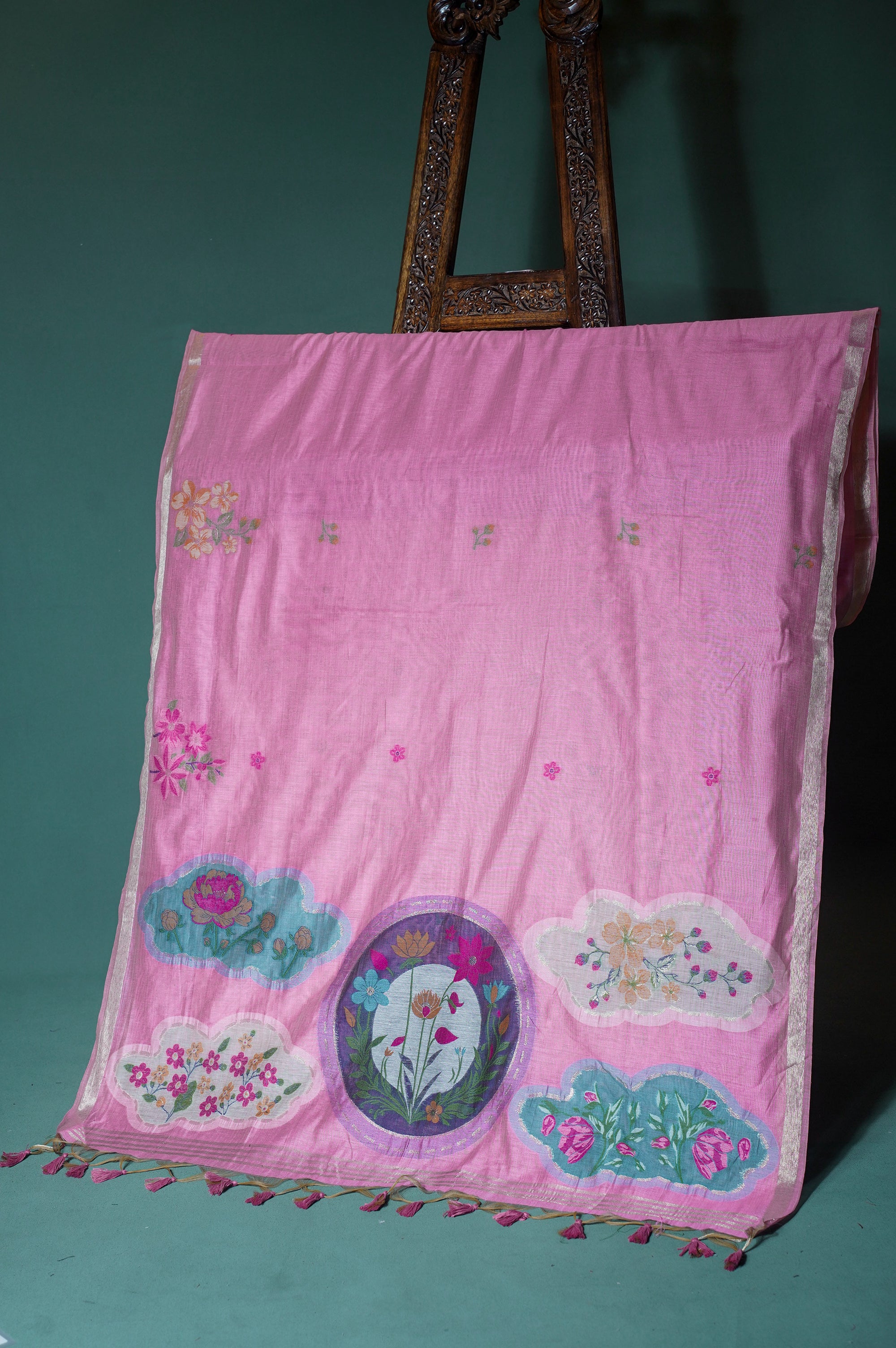 "UTSAV BANARAS 301" Banarasi Baby Pink Chanderi Jamdani Silk Saree with Floral Scallop Pallu