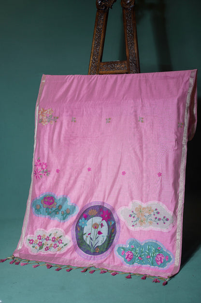 "UTSAV BANARAS 301" Banarasi Baby Pink Chanderi Jamdani Silk Saree with Floral Scallop Pallu