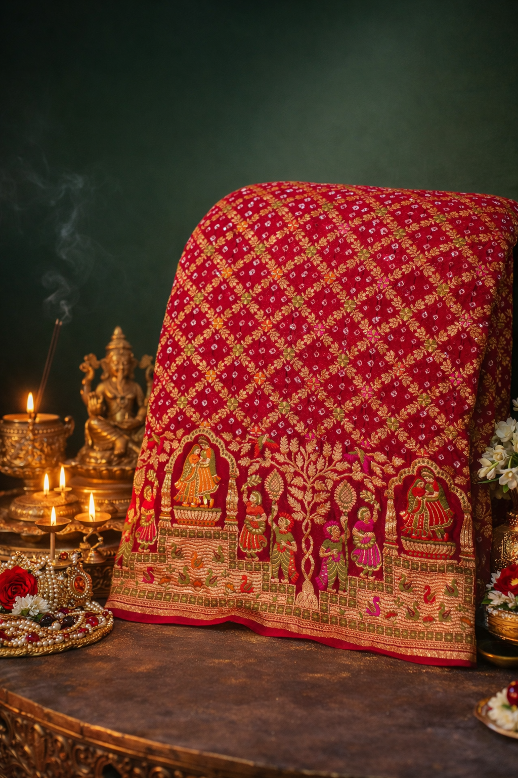 VIRASAT 347: Dulhan Red Banarasi Georgette Silk Bandhani Saree With Meenakari Work on Border