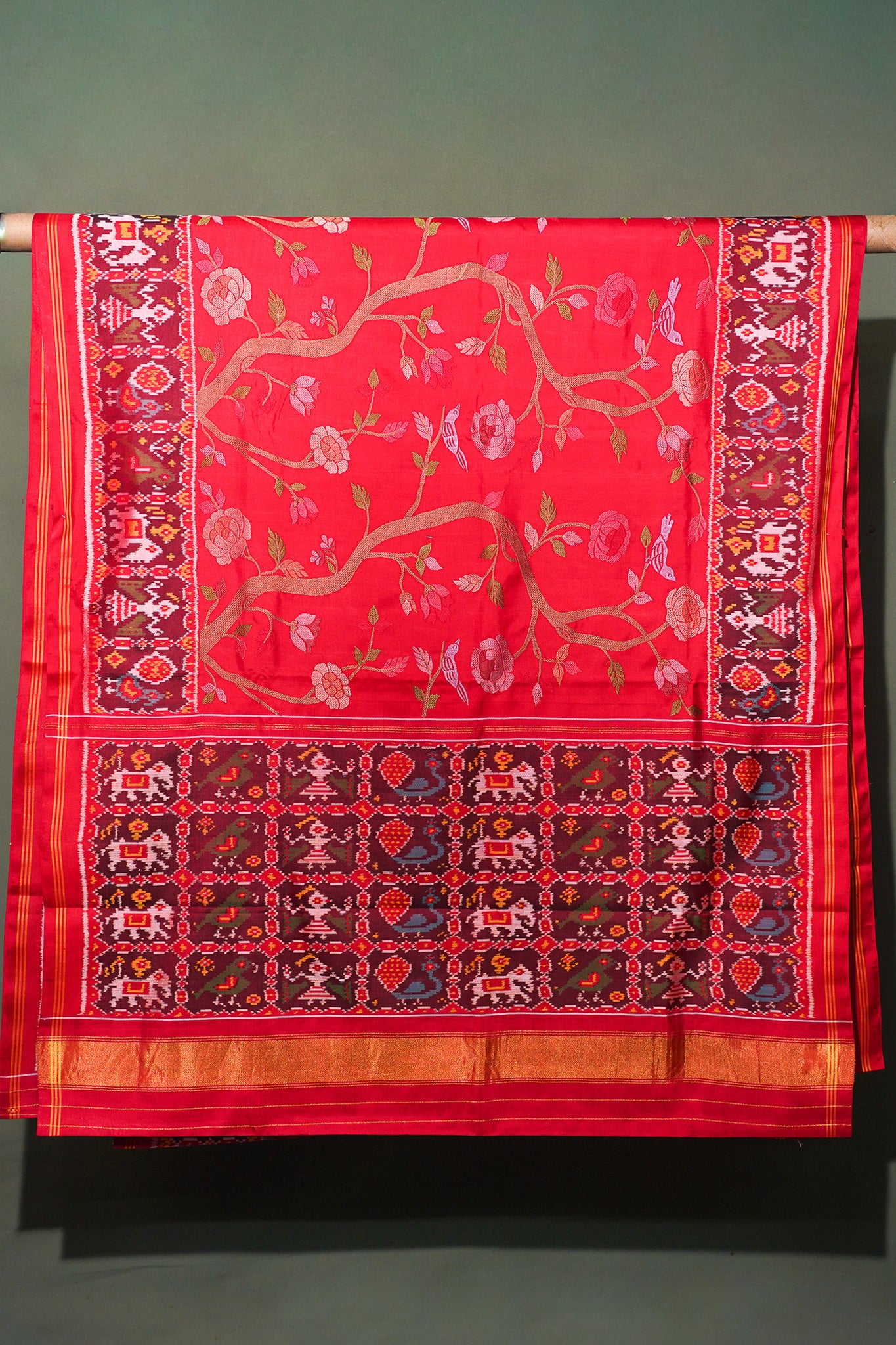 FOUNDER CHOICE 051: Pure Patola Silk Saree in Crimson Red with Floral Vine &amp; Traditional Elephant Motif Pallu