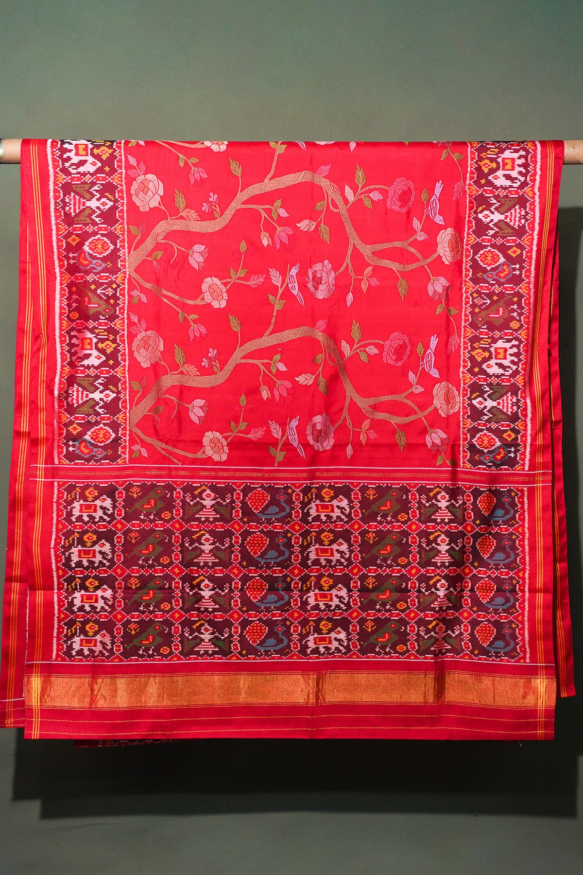FOUNDER CHOICE 051: Pure Patola Silk Saree in Crimson Red with Floral Vine &amp; Traditional Elephant Motif Pallu