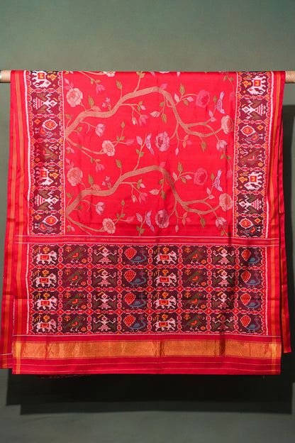 FOUNDER CHOICE 051: Pure Patola Silk Saree in Crimson Red with Floral Vine &amp; Traditional Elephant Motif Pallu