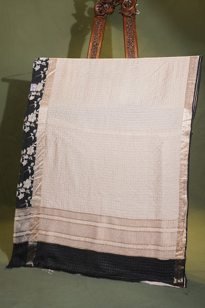 Utsav Banaras 318 Off White Raw Silk Saree with Zari Checks &amp; Floral Border