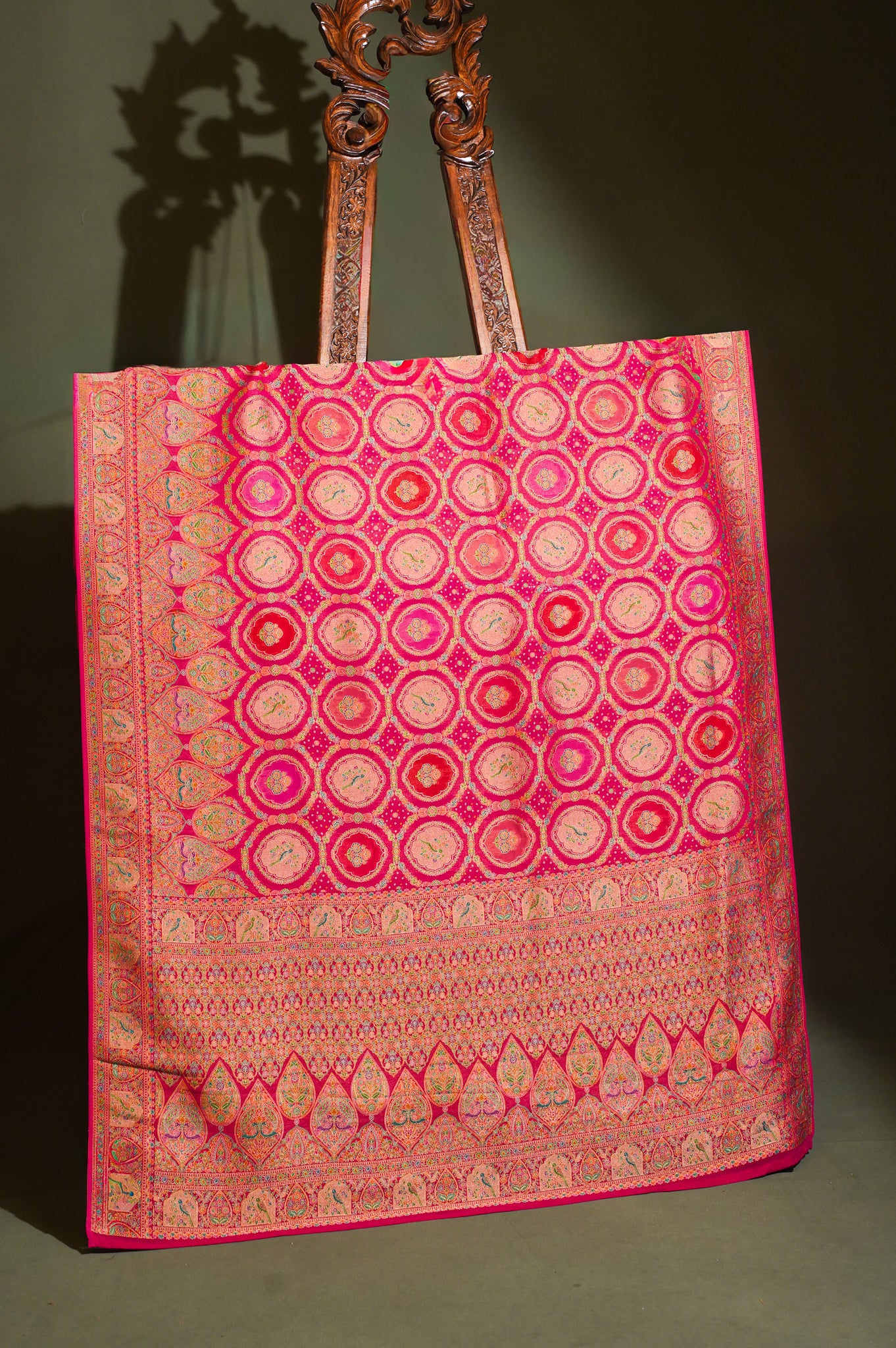 Waah Banaras 127 Peachy Pink Khaddi Banarasi Brocade Silk Saree with Meenakari Chakra &amp; Kalga Motifs
