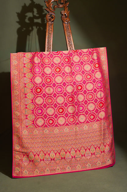 Waah Banaras 127 Peachy Pink Khaddi Banarasi Brocade Silk Saree with Meenakari Chakra &amp; Kalga Motifs