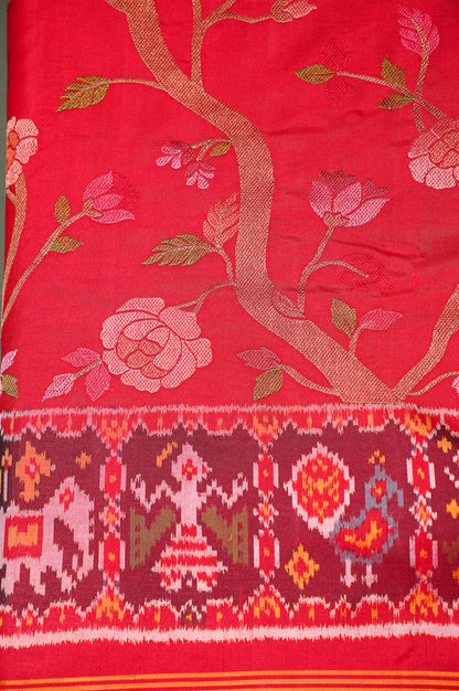 FOUNDER CHOICE 051: Pure Patola Silk Saree in Crimson Red with Floral Vine &amp; Traditional Elephant Motif Pallu
