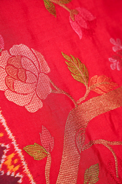 FOUNDER CHOICE 051: Pure Patola Silk Saree in Crimson Red with Floral Vine &amp; Traditional Elephant Motif Pallu
