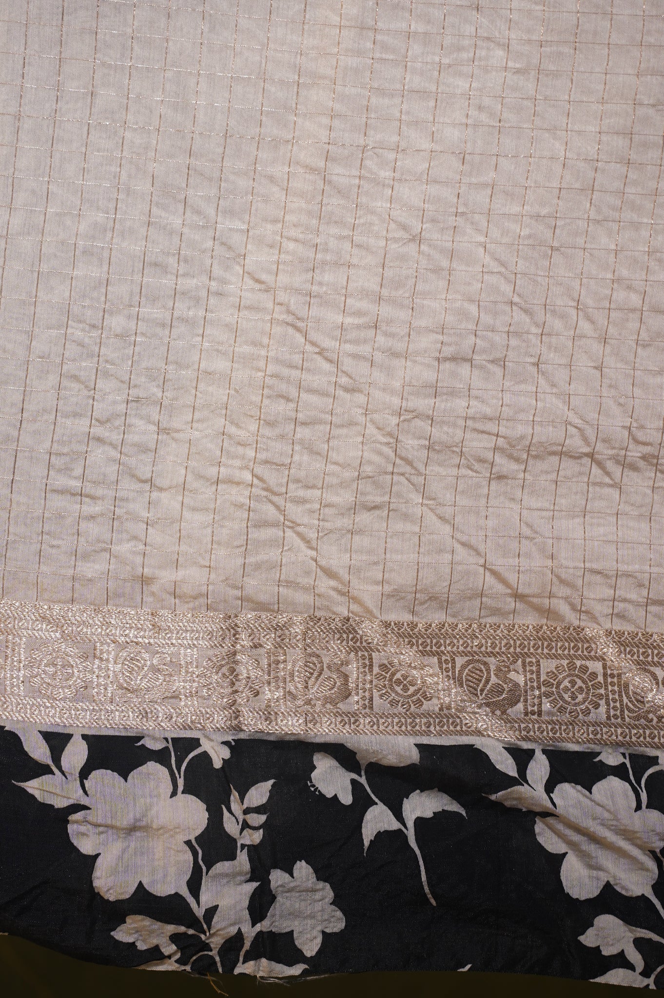 Utsav Banaras 318 Off White Raw Silk Saree with Zari Checks &amp; Floral Border