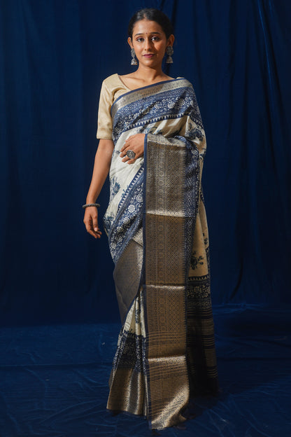 Blue Natural Moonga Georgette Saree with Handloom Border