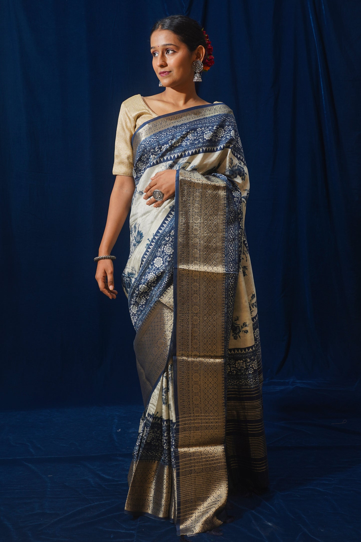 Blue Natural Moonga Georgette Saree with Handloom Border