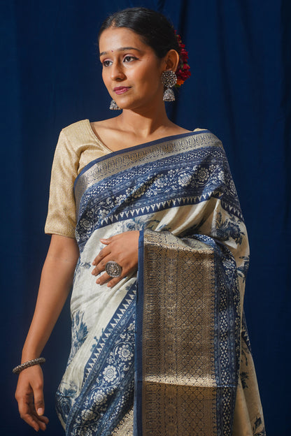 Blue Natural Moonga Georgette Saree with Handloom Border