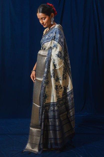 Blue Natural Moonga Georgette Saree with Handloom Border