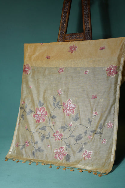 "UTSAV BANARAS 307" Banarasi Mustard Yellow Chanderi Jamdani Silk Saree with Floral Vine Pallu