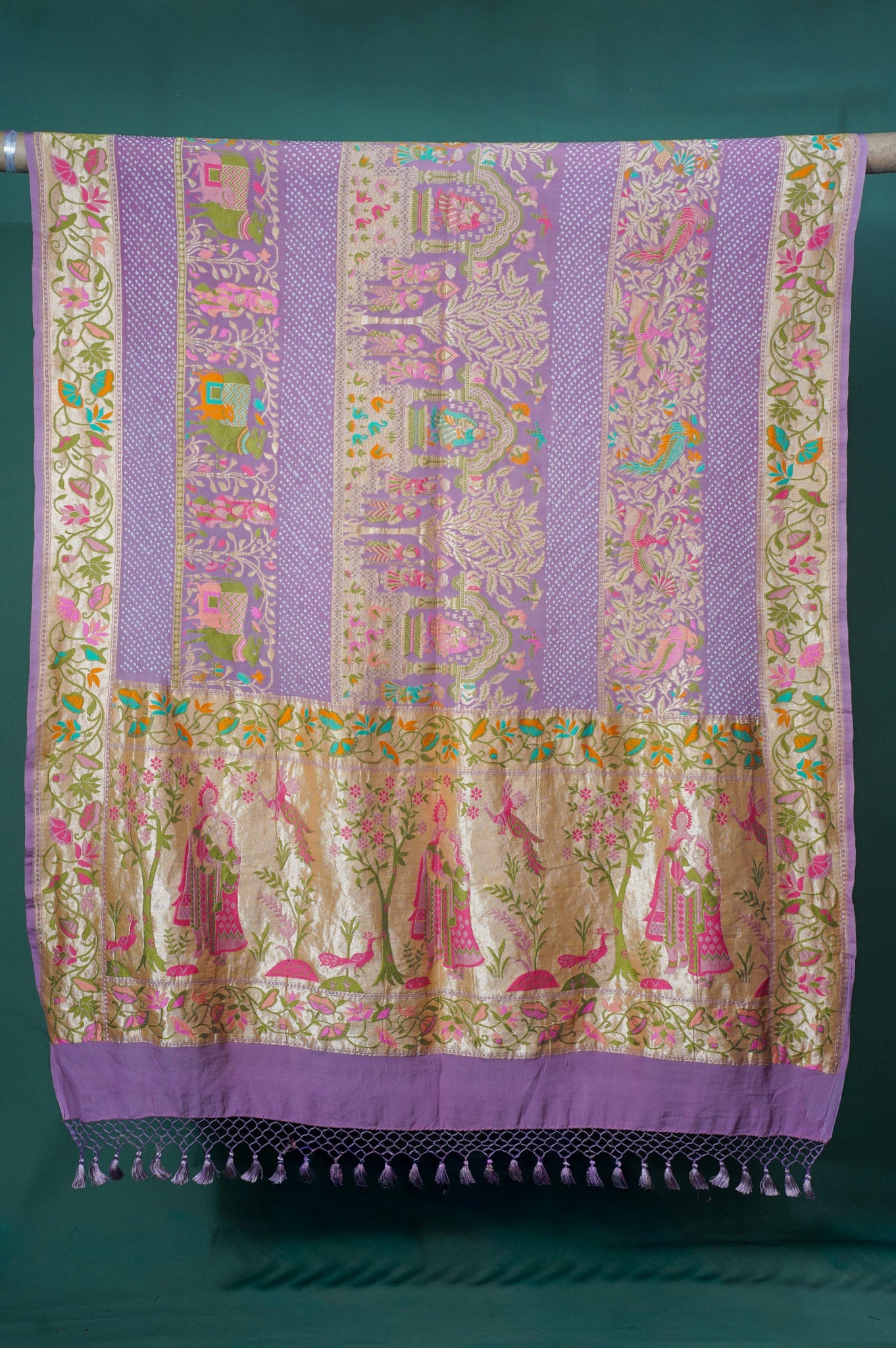 Founder Choice 038: Pure Bandhani Gajji Silk Lavender Saree with Meenakari Body &amp; Bird Motif Border (Silk Certified)
