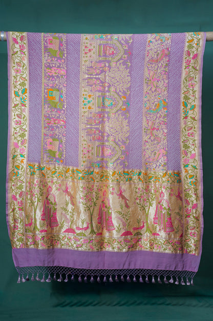 Founder Choice 038: Pure Bandhani Gajji Silk Lavender Saree with Meenakari Body &amp; Bird Motif Border (Silk Certified)