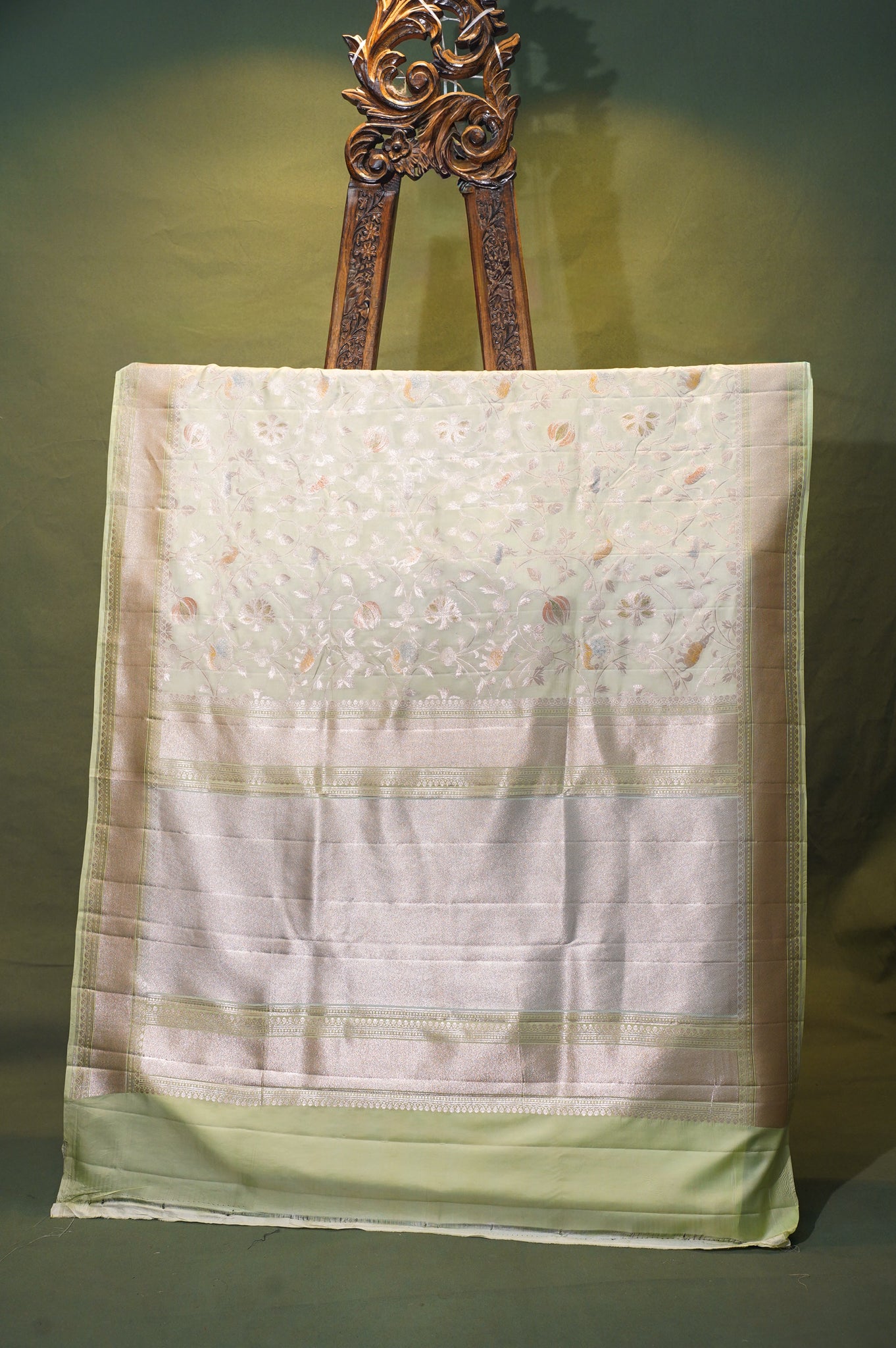 VIRASAT 333: Pista Green Pure Handloom Katan Silk Saree with Zari Shikargah &amp; Meenakari Work - Silk Mark Certified