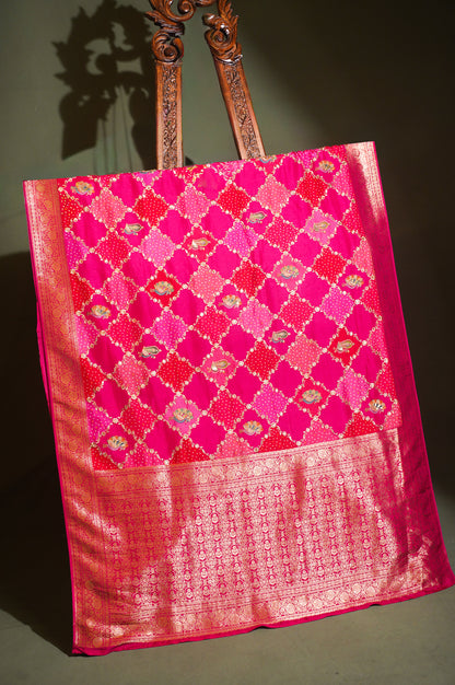 Waah Banaras 130 Rose Pink Banarasi Silk Saree with Multicolor Chunari Print &amp; Zari Sequence Work