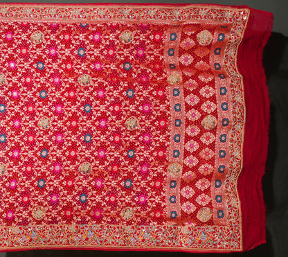ODHANA 015: Bright Red Handcrafted Bandhani Pure Khaddi Georgette Odhana with Zari Border
