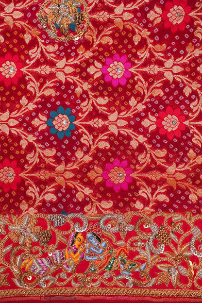ODHANA 015: Bright Red Handcrafted Bandhani Pure Khaddi Georgette Odhana with Zari Border