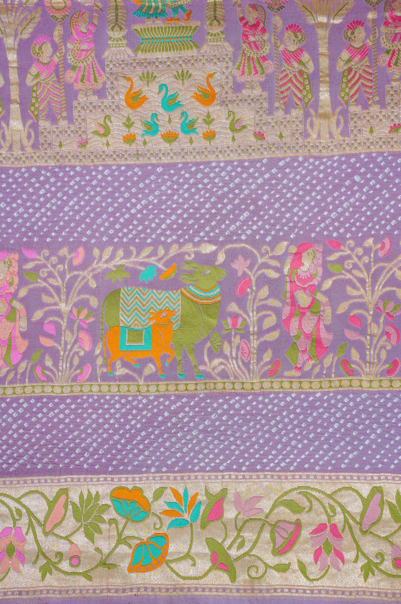 Founder Choice 038: Pure Bandhani Gajji Silk Lavender Saree with Meenakari Body &amp; Bird Motif Border (Silk Certified)